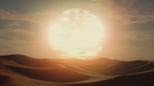 Bag rises from below in front of dessert sun